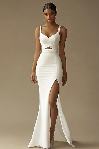 White Sweetheart Mermaid Long Rehearsal Dinner Dress with Slit