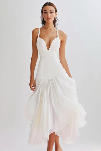 White Pleated A Line Chiffon Long Rehearsal Dinner Dress