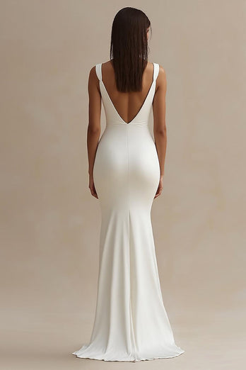 White Satin Mermaid Ruched Long Rehearsal Dinner Dress with Slit