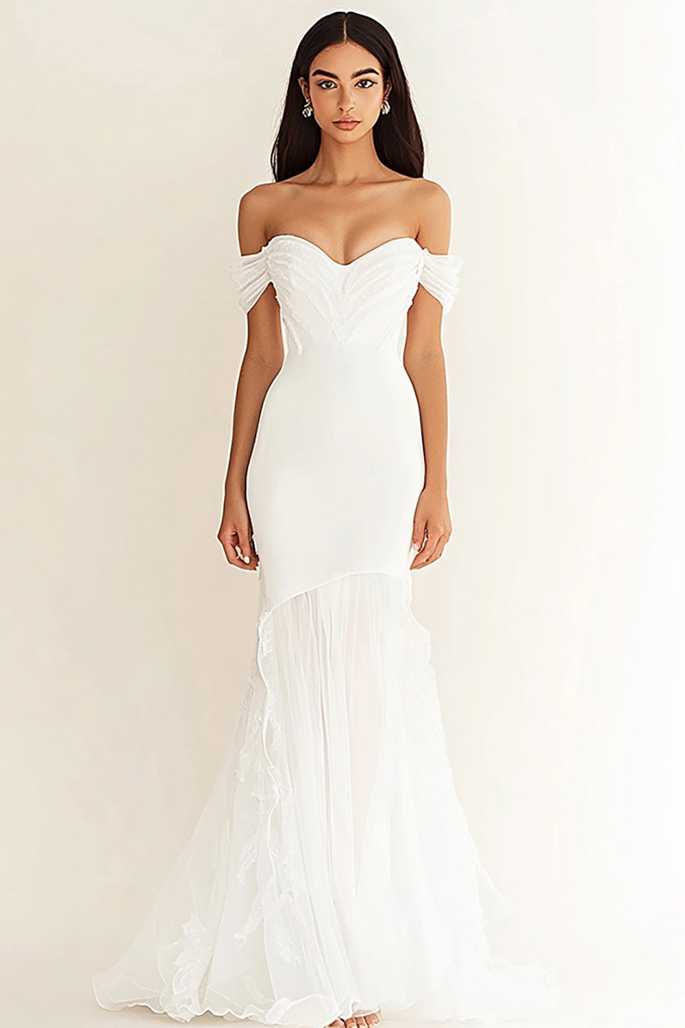 White Off the Shoulder Mermaid Pleated Long Rehearsal Dinner Dress