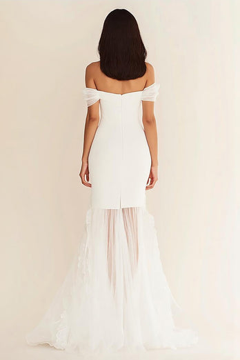 White Off the Shoulder Mermaid Pleated Long Rehearsal Dinner Dress