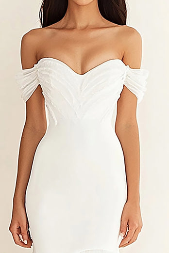 White Off the Shoulder Mermaid Pleated Long Rehearsal Dinner Dress