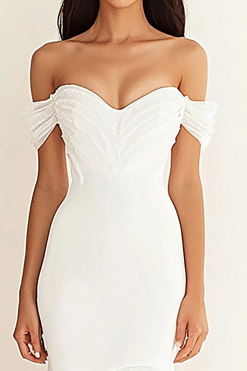 Load image into Gallery viewer, White Off the Shoulder Mermaid Pleated Long Rehearsal Dinner Dress