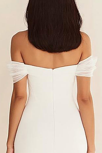 White Off the Shoulder Mermaid Pleated Long Rehearsal Dinner Dress