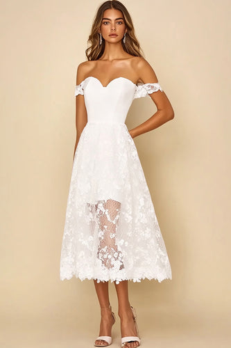 Off the Shoulder White A Line Long Rehearsal Dinner Dress with Lace