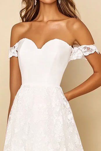 Off the Shoulder White A Line Long Rehearsal Dinner Dress with Lace