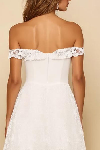 Off the Shoulder White A Line Long Rehearsal Dinner Dress with Lace