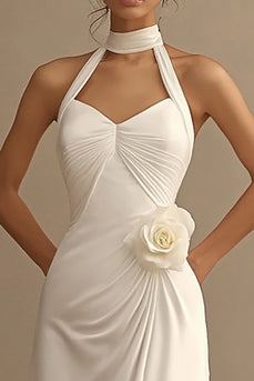 White A Line Chiffon Ruched Long Rehearsal Dinner Dress with 3D Flower