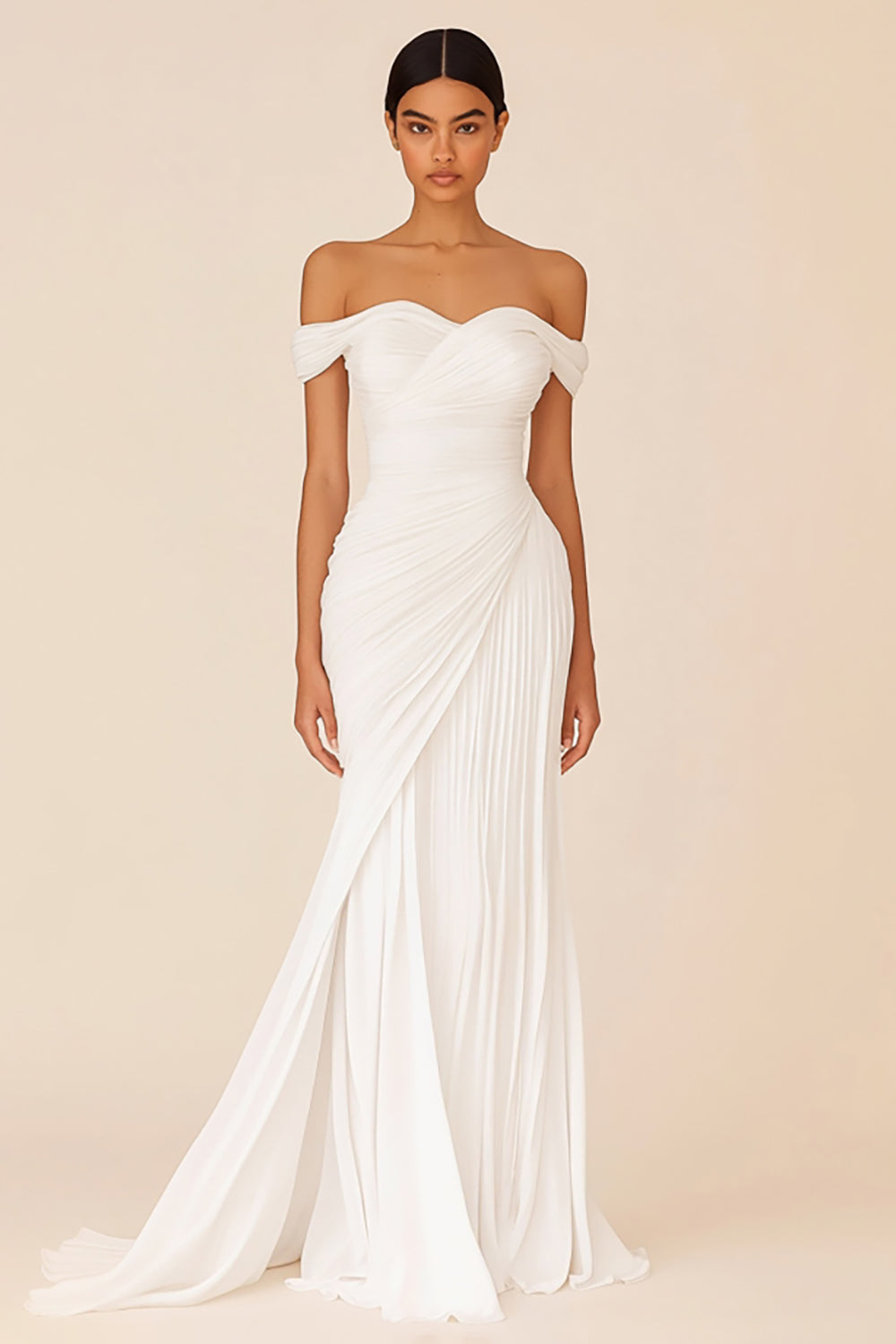 White Pleated Sheath Chiffon Long Rehearsal Dinner Dress