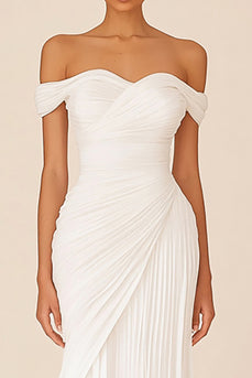 White Pleated Sheath Chiffon Long Rehearsal Dinner Dress