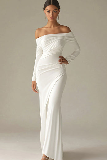 White Chiffon Off the Shoulder Sheath Long Rehearsal Dinner Dress with Sleeves