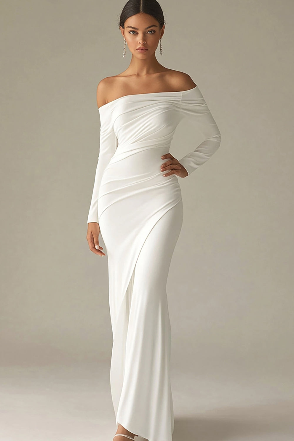 White Chiffon Off the Shoulder Sheath Long Rehearsal Dinner Dress with Sleeves