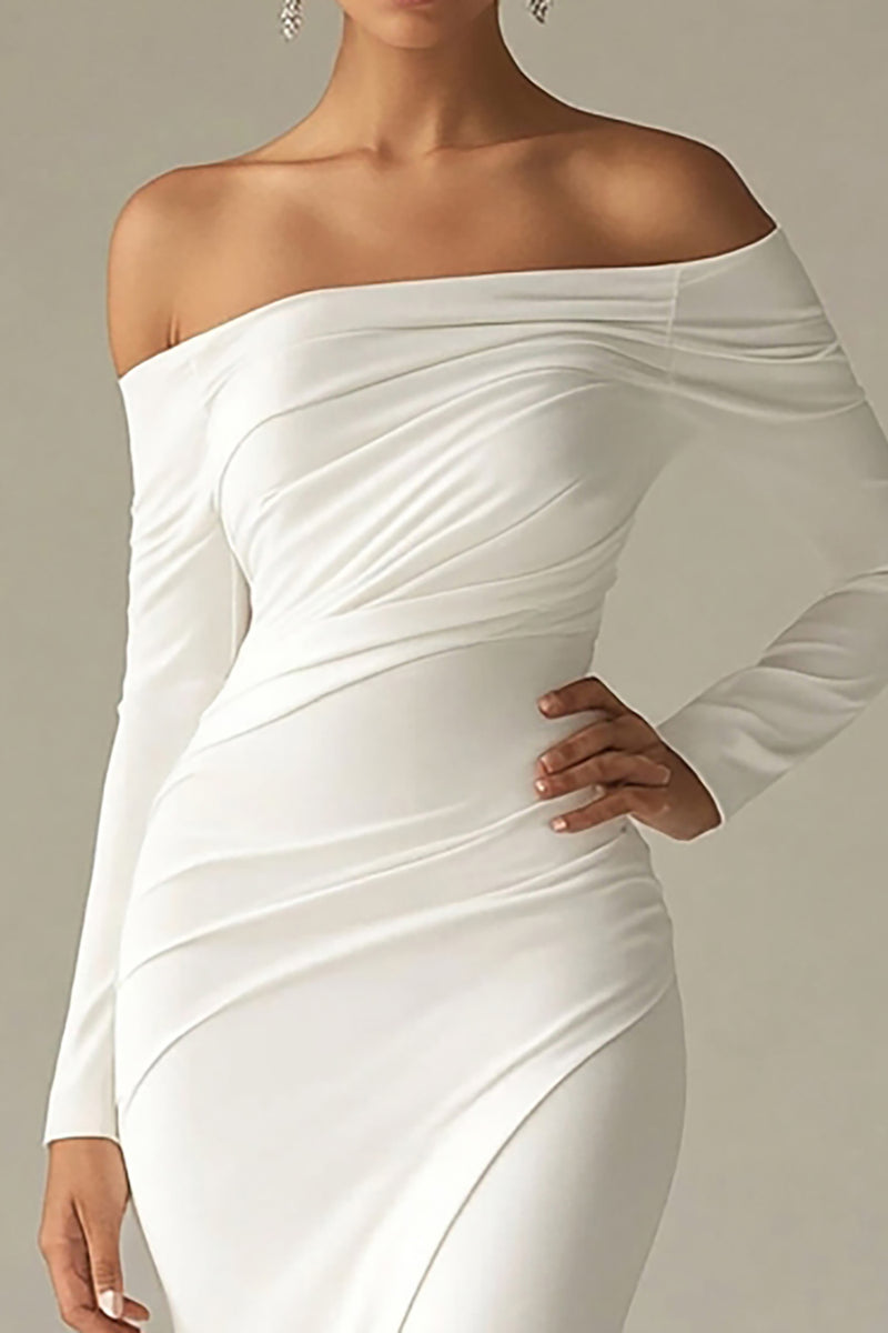 Load image into Gallery viewer, White Chiffon Off the Shoulder Sheath Long Rehearsal Dinner Dress with Sleeves