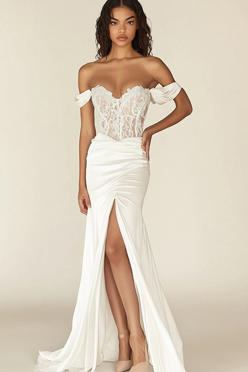 Load image into Gallery viewer, White Mermaid Satin Off the Shoulder Long Rehearsal Dinner Dress with Slit