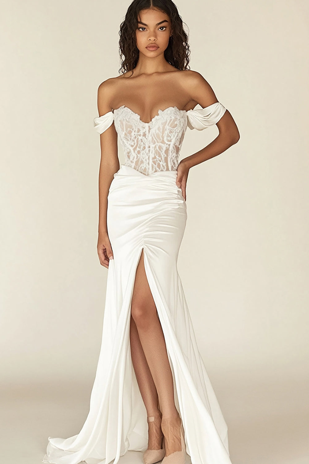 White Mermaid Satin Off the Shoulder Long Rehearsal Dinner Dress with Slit