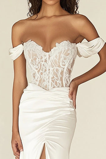 White Mermaid Satin Off the Shoulder Long Rehearsal Dinner Dress with Slit