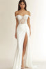 Load image into Gallery viewer, White Mermaid Satin Appliqued Long Rehearsal Dinner Dress with Slit