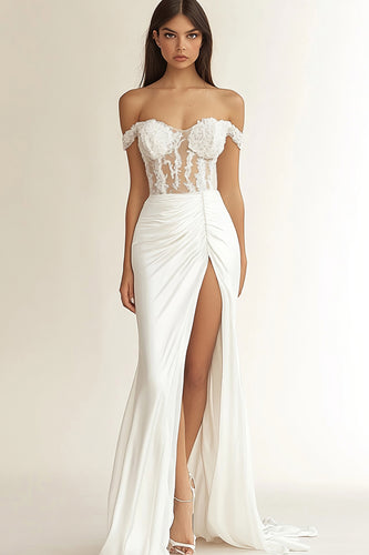 White Mermaid Satin Appliqued Long Rehearsal Dinner Dress with Slit