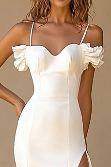 White Sheath Ruffled Long Rehearsal Dinner Dress with Slit