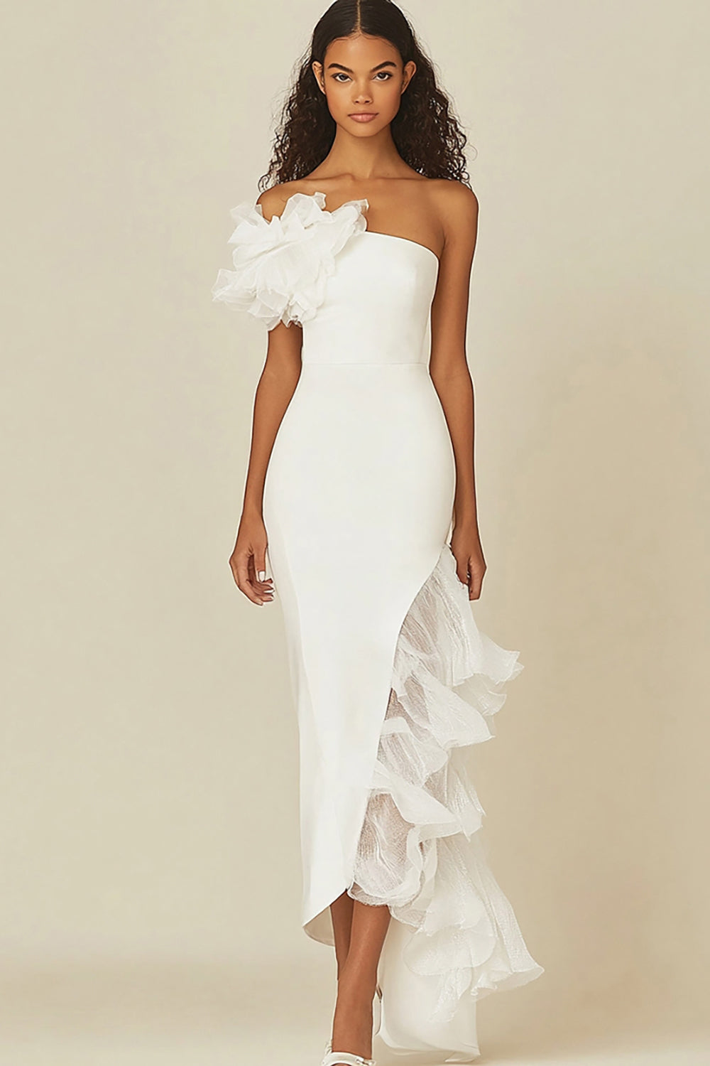 White Sheath Asymmetrical Long Rehearsal Dinner Dress