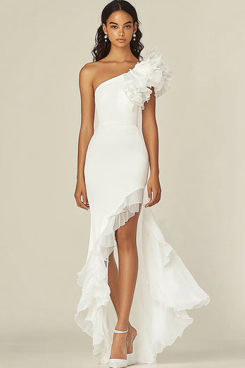 White Sheath Asymmetrical High Low Rehearsal Dinner Dress