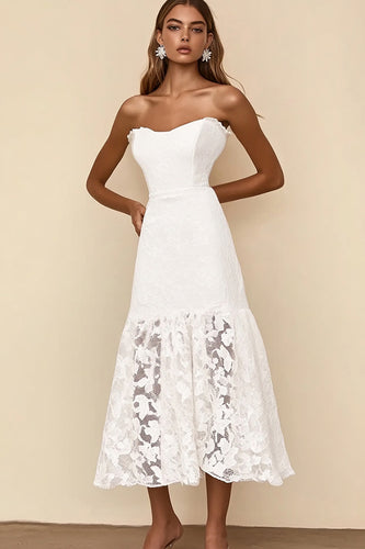 White A Line Lace Strapless Long Rehearsal Dinner Dress