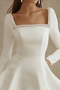 A Line Square Neck Little White Dress with Long Sleeves