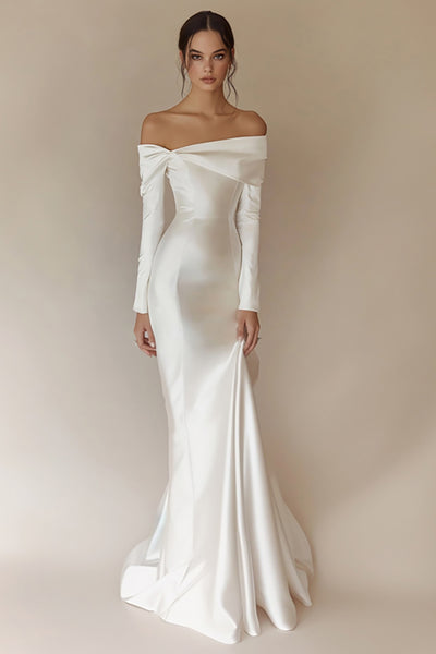 White Satin Off the Shoulder Long Rehearsal Dinner Dress with Sleeves