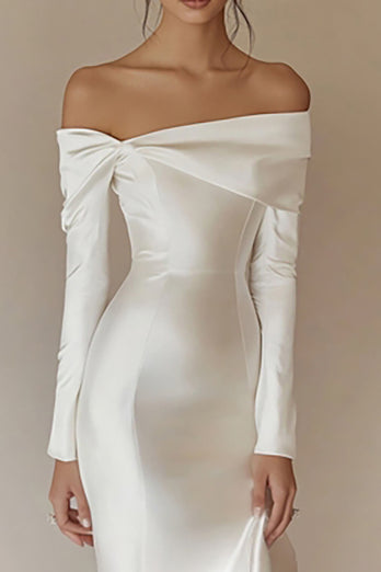 White Satin Off the Shoulder Long Rehearsal Dinner Dress with Sleeves