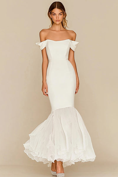 White Off the Shoulder Mermaid Long Rehearsal Dinner Dress