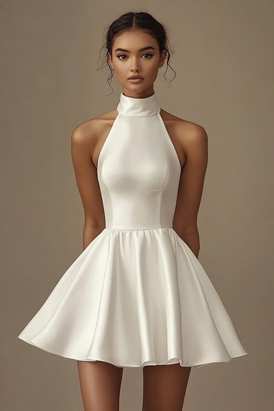 A Line Satin Sleeveless Little White Dress