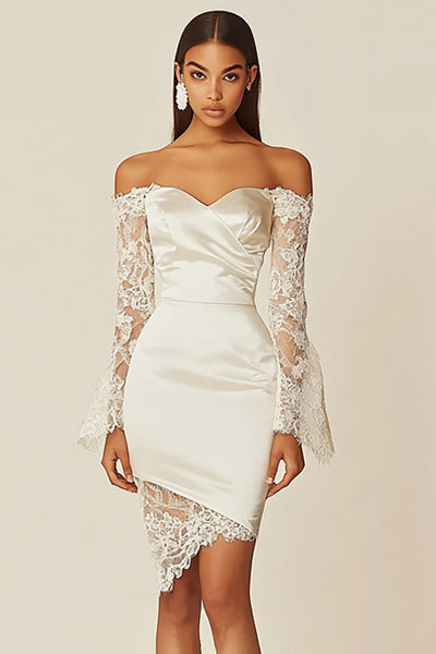 Satin Sheath Off the Shoulder Little White Dress with Lace