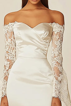 Satin Sheath Off the Shoulder Little White Dress with Lace