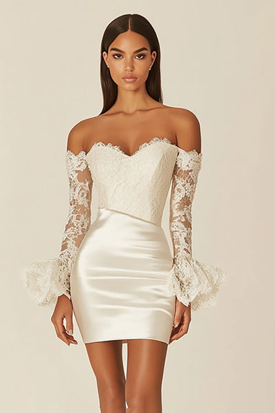 Satin Sheath Sweetheart Little White Dress with Lace