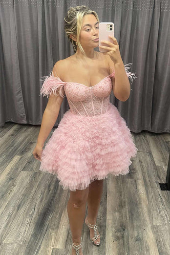 Sparkly Pink A-Line Off The Shoulder Corset Homecoming Dress with Ruffles