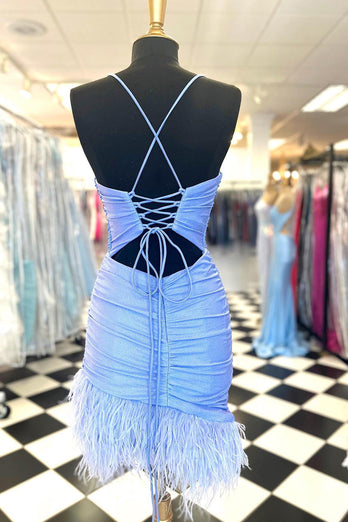 Glitter Light Blue Spaghetti Straps Bodycon Homecoming Dress with Feathers