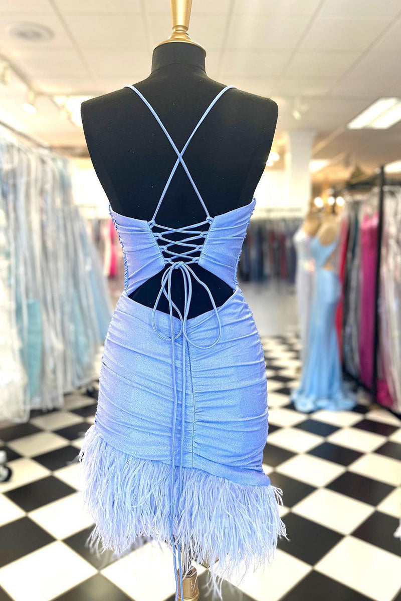 Load image into Gallery viewer, Glitter Light Blue Spaghetti Straps Bodycon Homecoming Dress with Feathers