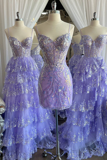 Sparkly Lilac Spaghetti Straps Corset Homecoming Dress with Sequins