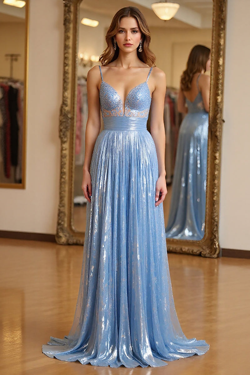 Load image into Gallery viewer, Sky Blue A Line Long Ruched Chiffon Prom Dress with Beading