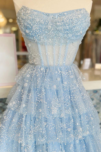 A Line Light Blue Sequins Corset Short Homecoming Dress