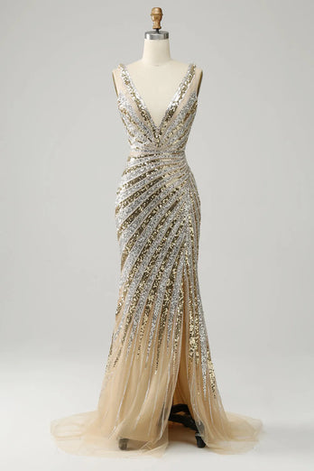 Sparkly Golden V-Neck Beaded Sequins Long Prom Dress with Slit