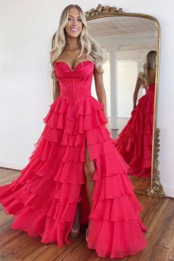 Red Strapless Corset Tiered Chiffon Long Prom Dress with Slit