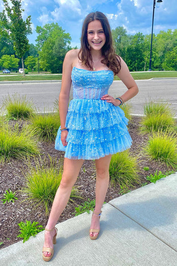 A Line Light Blue Sequins Corset Short Homecoming Dress