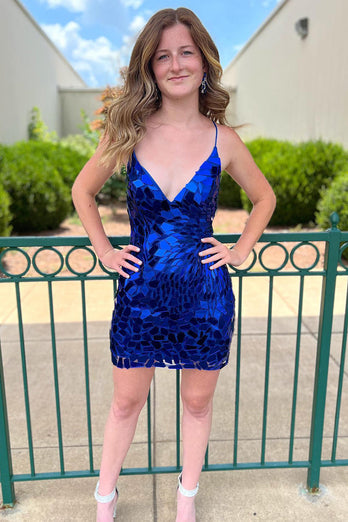 Sparkly Royal Blue Spaghetti Straps Homecoming Dress with Sequins