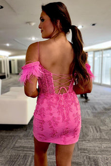 Glitter Pink Spaghetti Straps Corset Homecoming Dress with Feathers