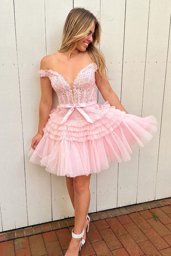 Sparkly Fuchsia A-Line Tiered Corset Homecoming Dress with Lace