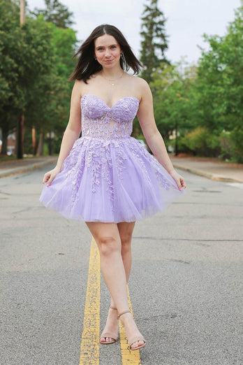 Sparkly A-Line Fuchsia Sweetheart Corset Homecoming Dress with Lace