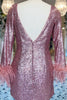 Load image into Gallery viewer, Sparkly Fuchsia Sequined Long Sleeves Homecoming Dress with Feathers