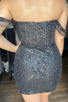 Sparkly Black Off The Shoulder Tight Homecoming Dress with Sequins