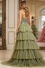 Load image into Gallery viewer, Dusty Sage Sequins A Line Tiered Long Tulle Prom Dress